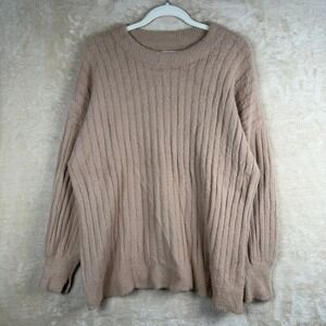 Aerie Buttercream Fuzzy Knit Ribbed Crew Sweater Women's S Beige Cozy Boho Y2K